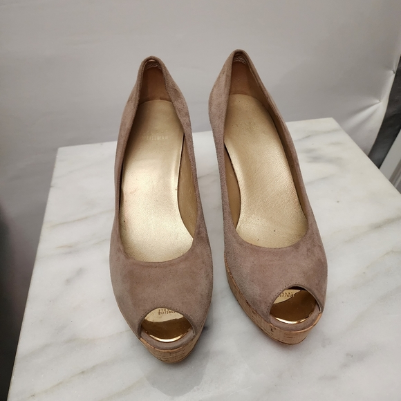 STUART WEITZMAN Tan Suede Peep-Toe Cork Wedge Heels, size 9½M - Picture 7 of 7